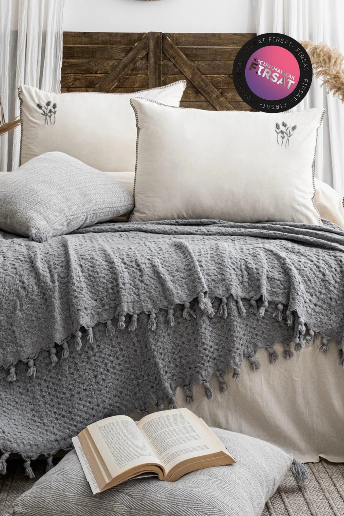 Çift Kişilik Yatak Örtüsü MİA Gri Çoban Dikişli Nakışlı 200x230 cm
